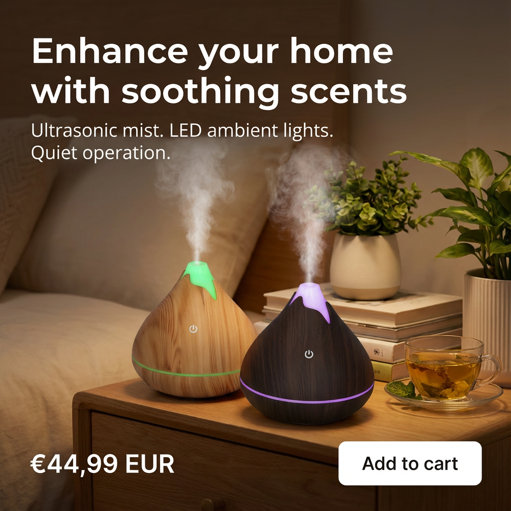 Essential Oil Aroma Diffuser - 200-500ml Ultrasonic with LED Lights and soothing mist in a home setting.